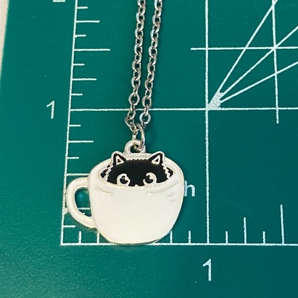 Black Cat Charm Pendant Necklace 18" Chain Enamel Coffee Cup Halloween Cat Lady - Picture 6 of 7